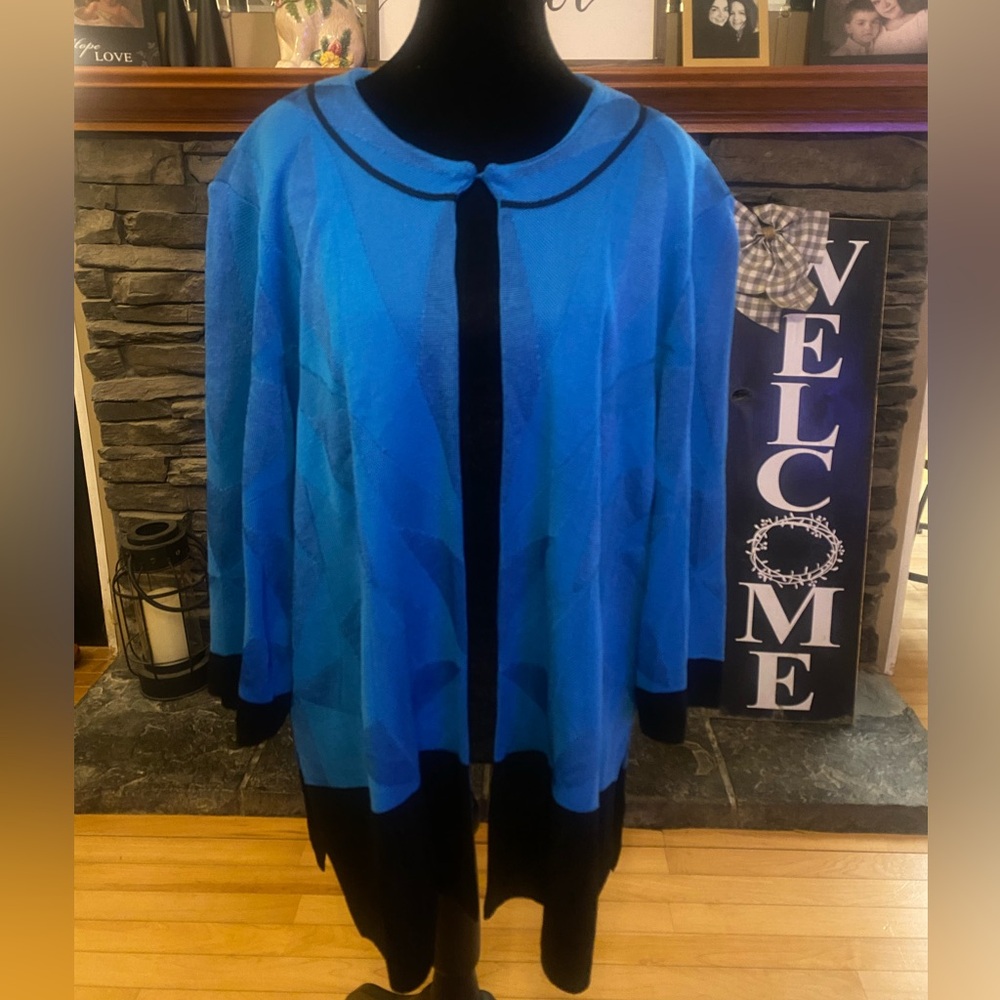 Ming Wang Blue Open-Front Cardigan with Black Trim